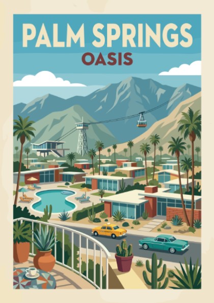 Mid-century modern poster of Palm Springs featuring architecture, palm trees, mountains, and a cable car.