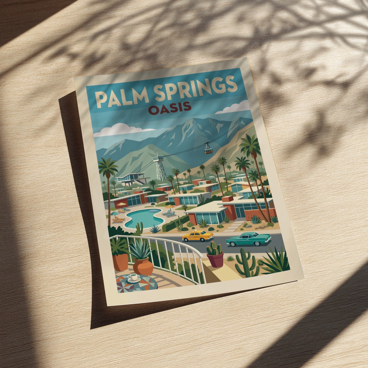 Mid-century modern poster of Palm Springs featuring architecture, palm trees, mountains, and a cable car.