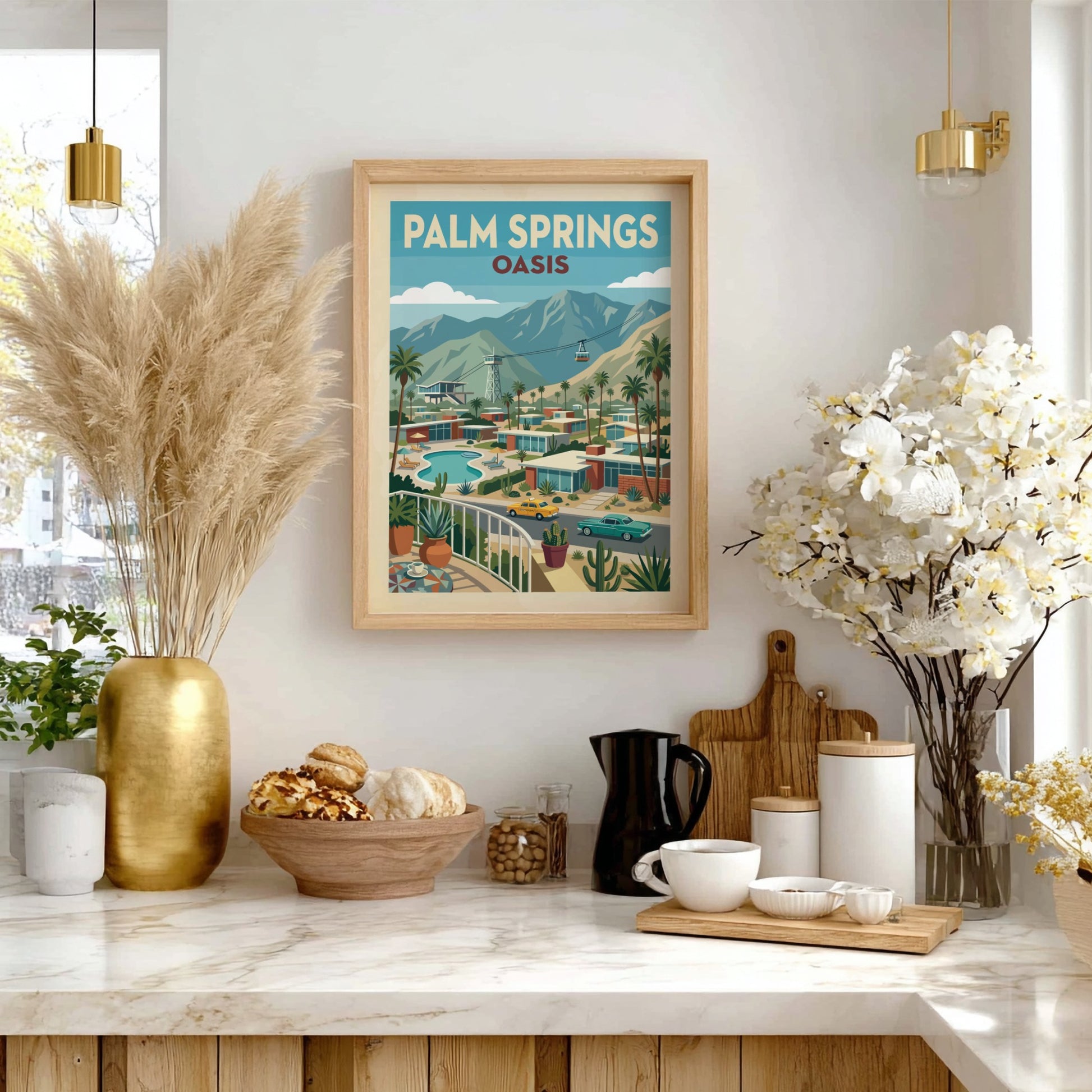 Mid-century modern poster of Palm Springs featuring architecture, palm trees, mountains, and a cable car.