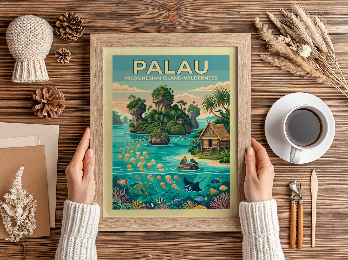 Palau travel poster showing limestone islands, jellyfish, tropical fish, and a traditional hut.