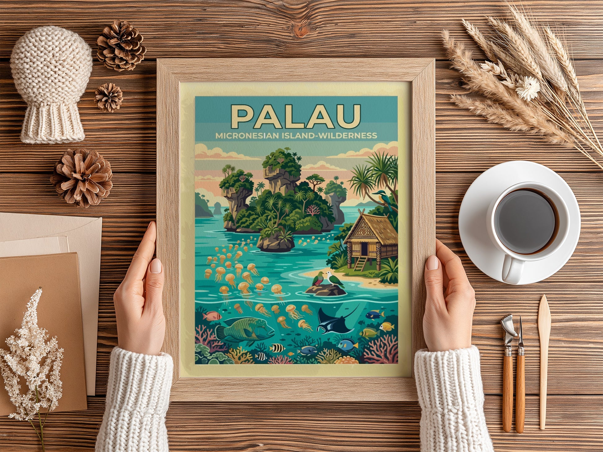 Palau travel poster showing limestone islands, jellyfish, tropical fish, and a traditional hut.