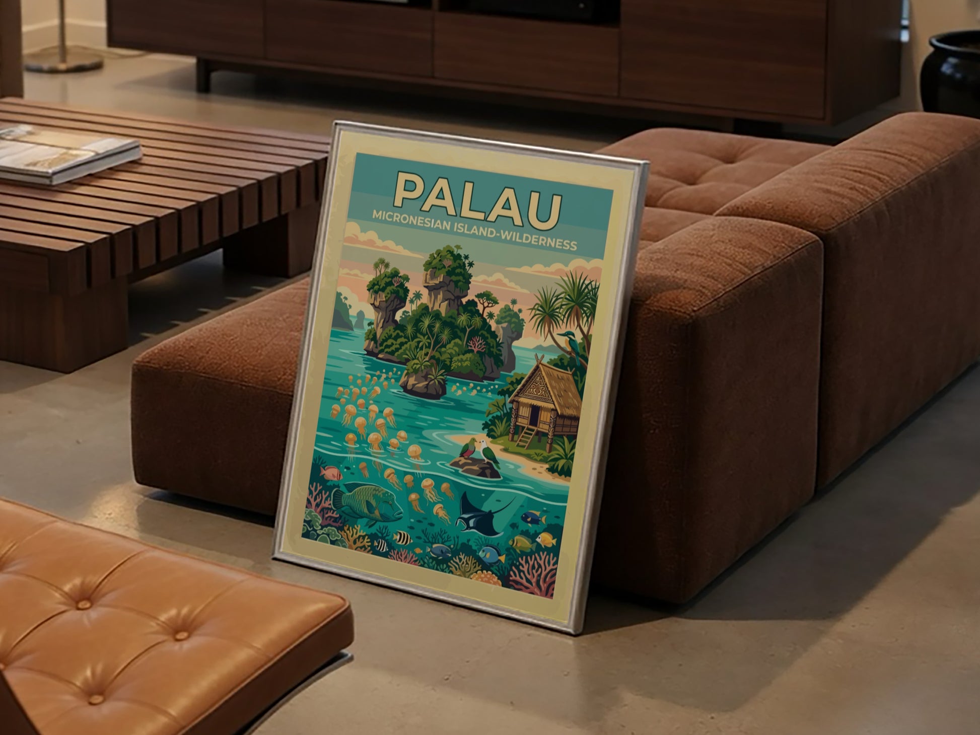 Palau travel poster showing limestone islands, jellyfish, tropical fish, and a traditional hut.
