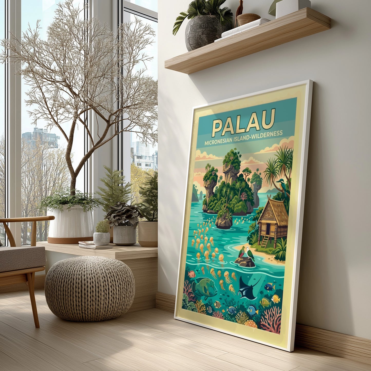 Palau travel poster showing limestone islands, jellyfish, tropical fish, and a traditional hut.