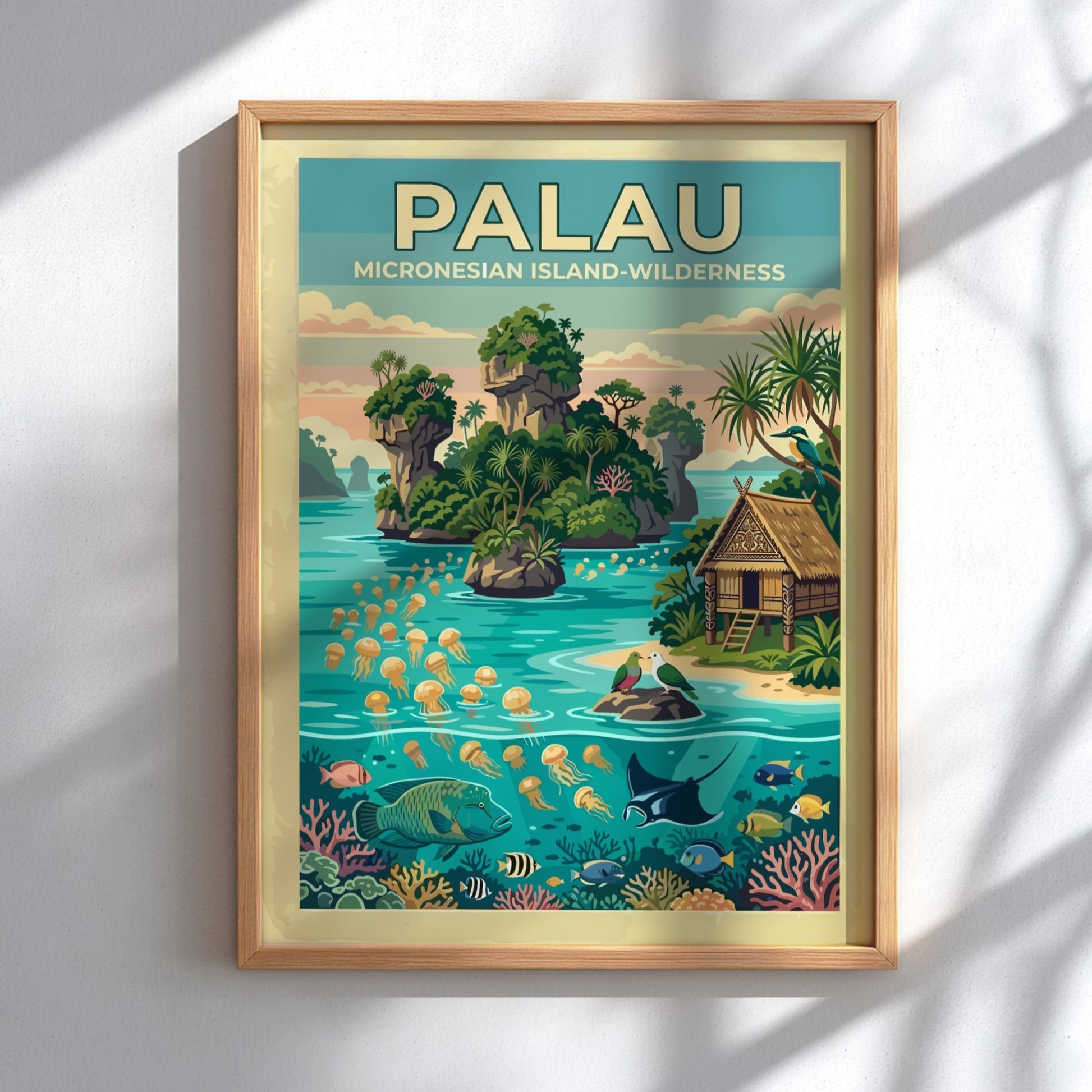 Palau travel poster showing limestone islands, jellyfish, tropical fish, and a traditional hut.
