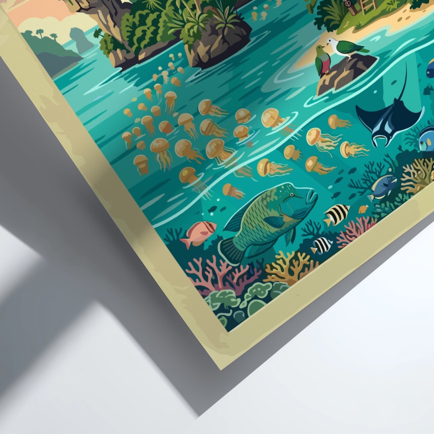 Palau travel poster showing limestone islands, jellyfish, tropical fish, and a traditional hut.