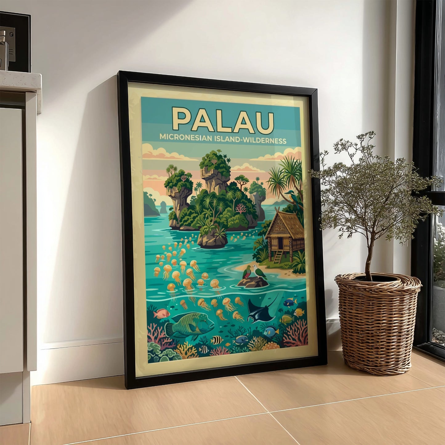 Palau travel poster showing limestone islands, jellyfish, tropical fish, and a traditional hut.