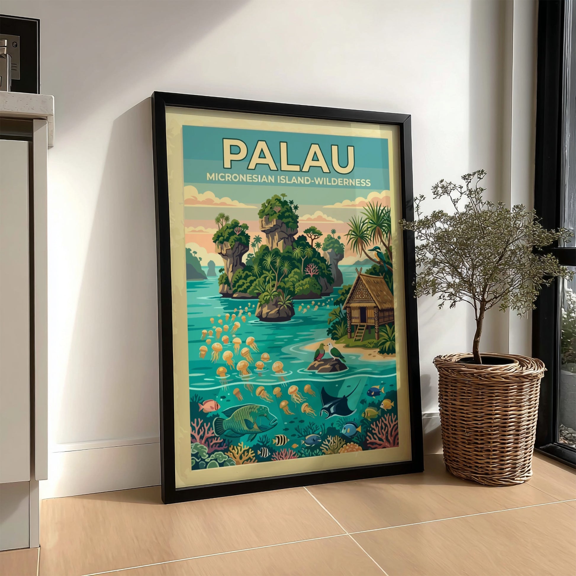 Palau travel poster showing limestone islands, jellyfish, tropical fish, and a traditional hut.