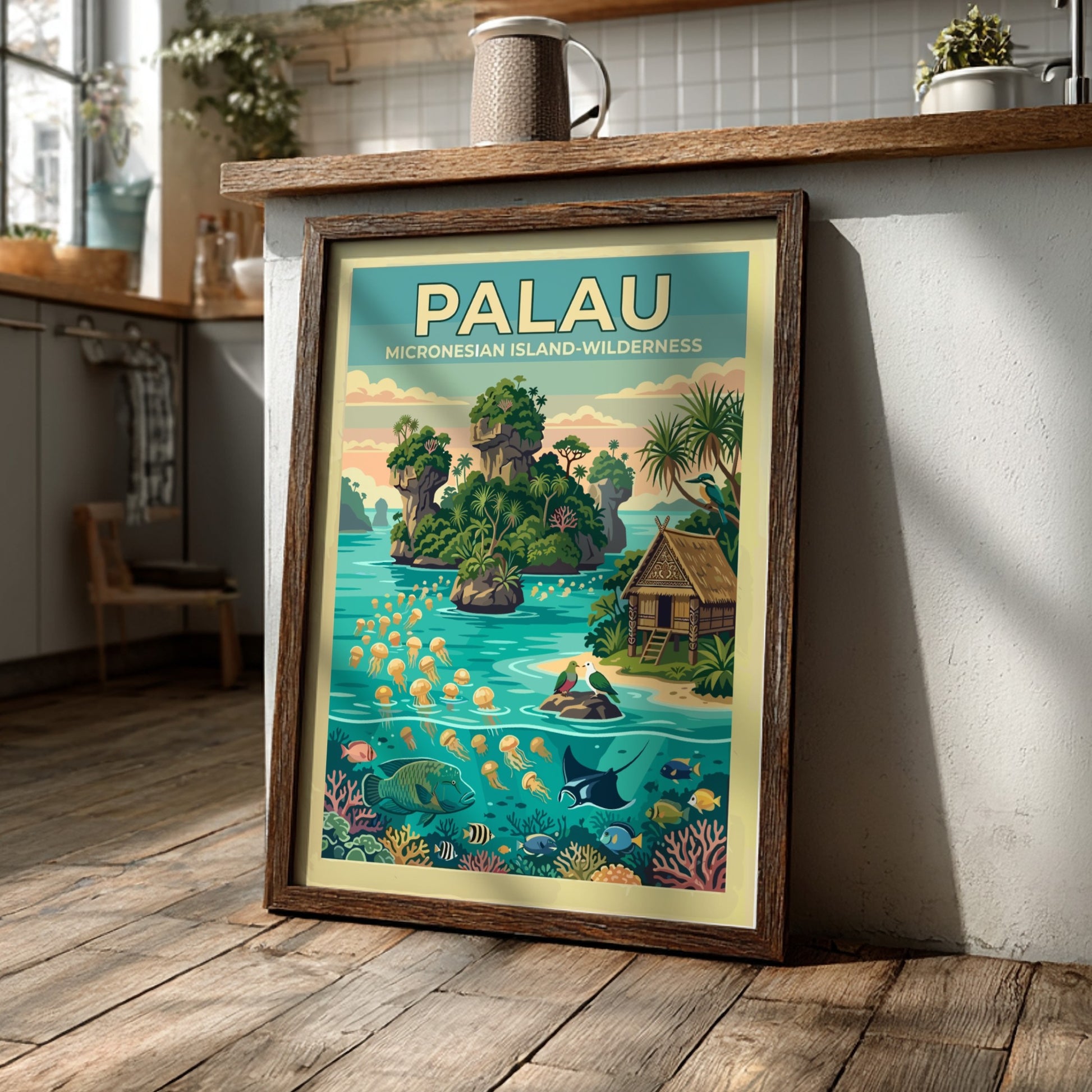 Palau travel poster showing limestone islands, jellyfish, tropical fish, and a traditional hut.