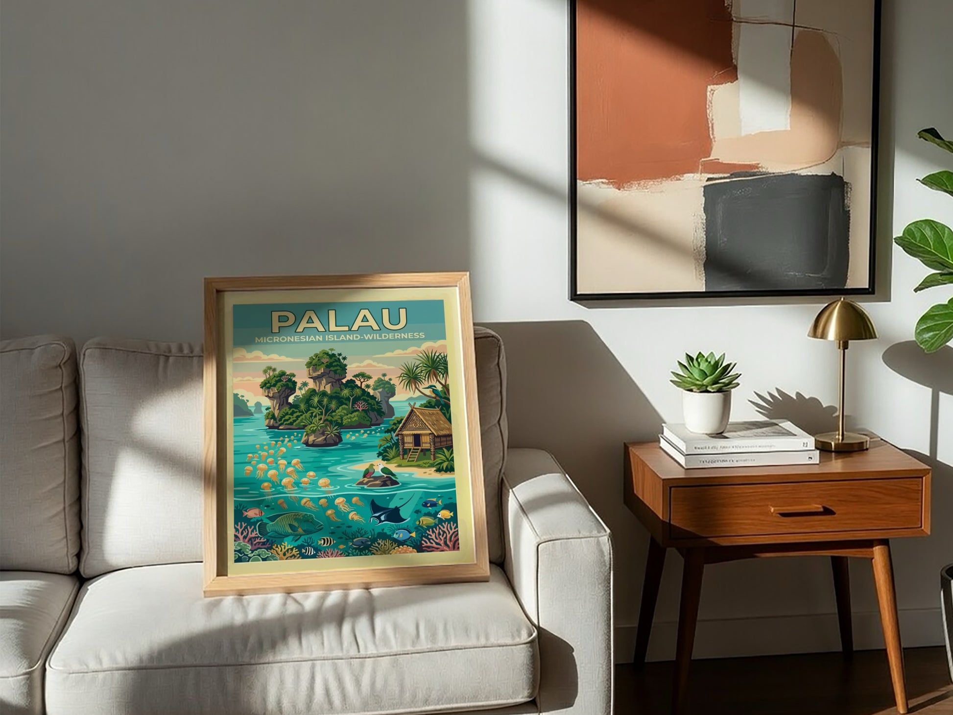 Palau travel poster showing limestone islands, jellyfish, tropical fish, and a traditional hut.