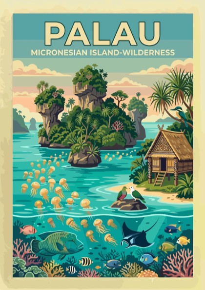 Palau travel poster showing limestone islands, jellyfish, tropical fish, and a traditional hut.