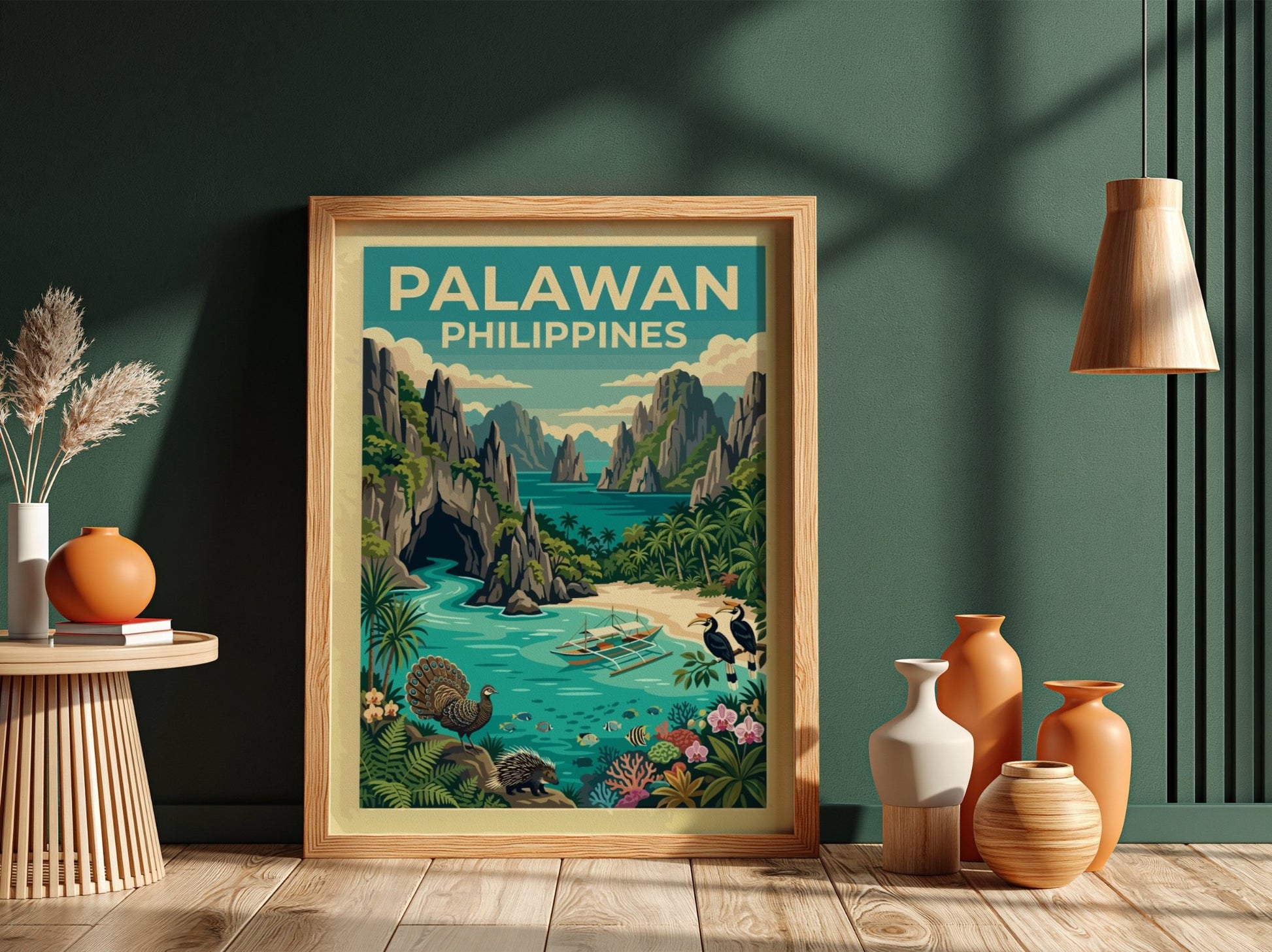 Vintage style Palawan Philippines travel poster featuring limestone cliffs, tropical foliage, and wildlife.