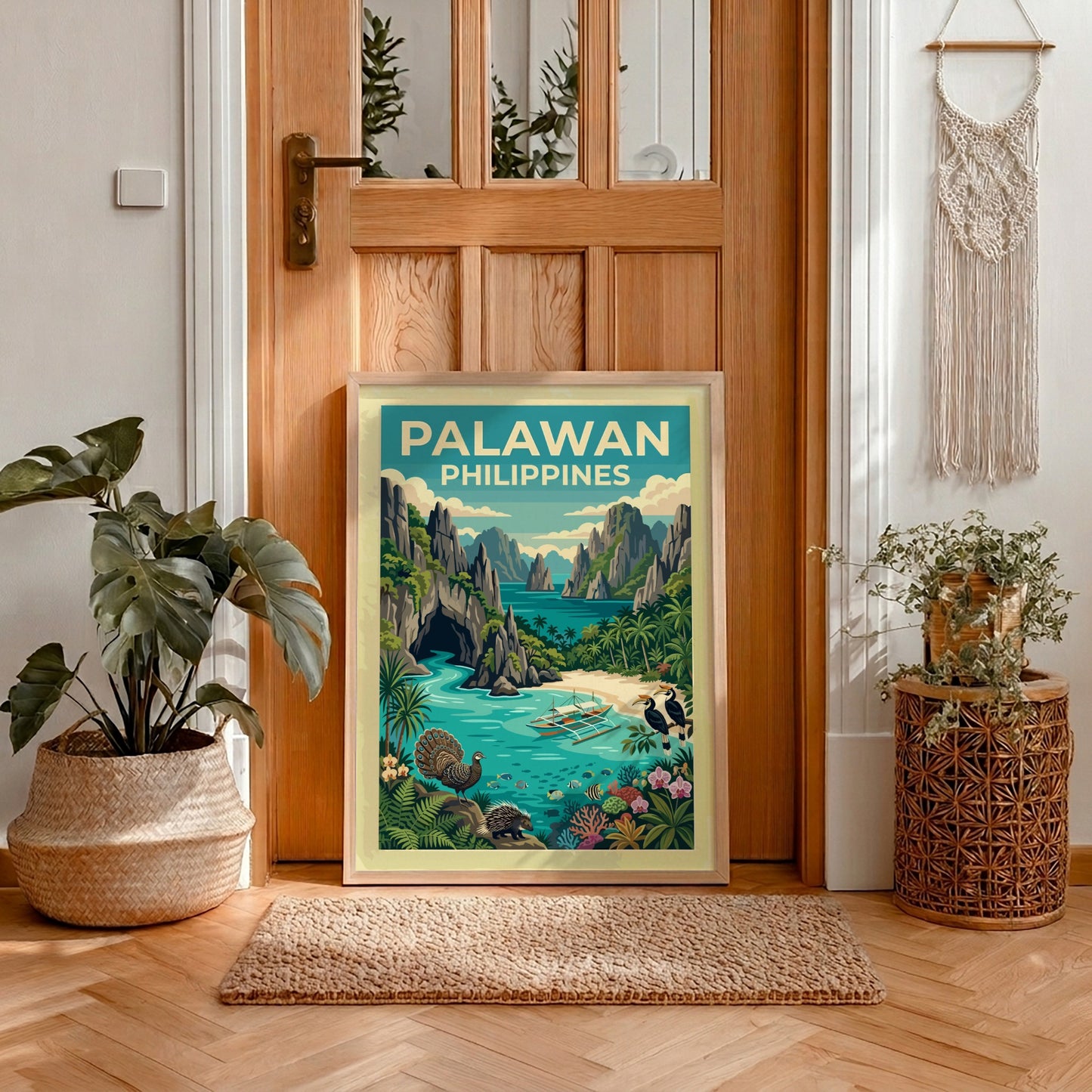 Vintage style Palawan Philippines travel poster featuring limestone cliffs, tropical foliage, and wildlife.