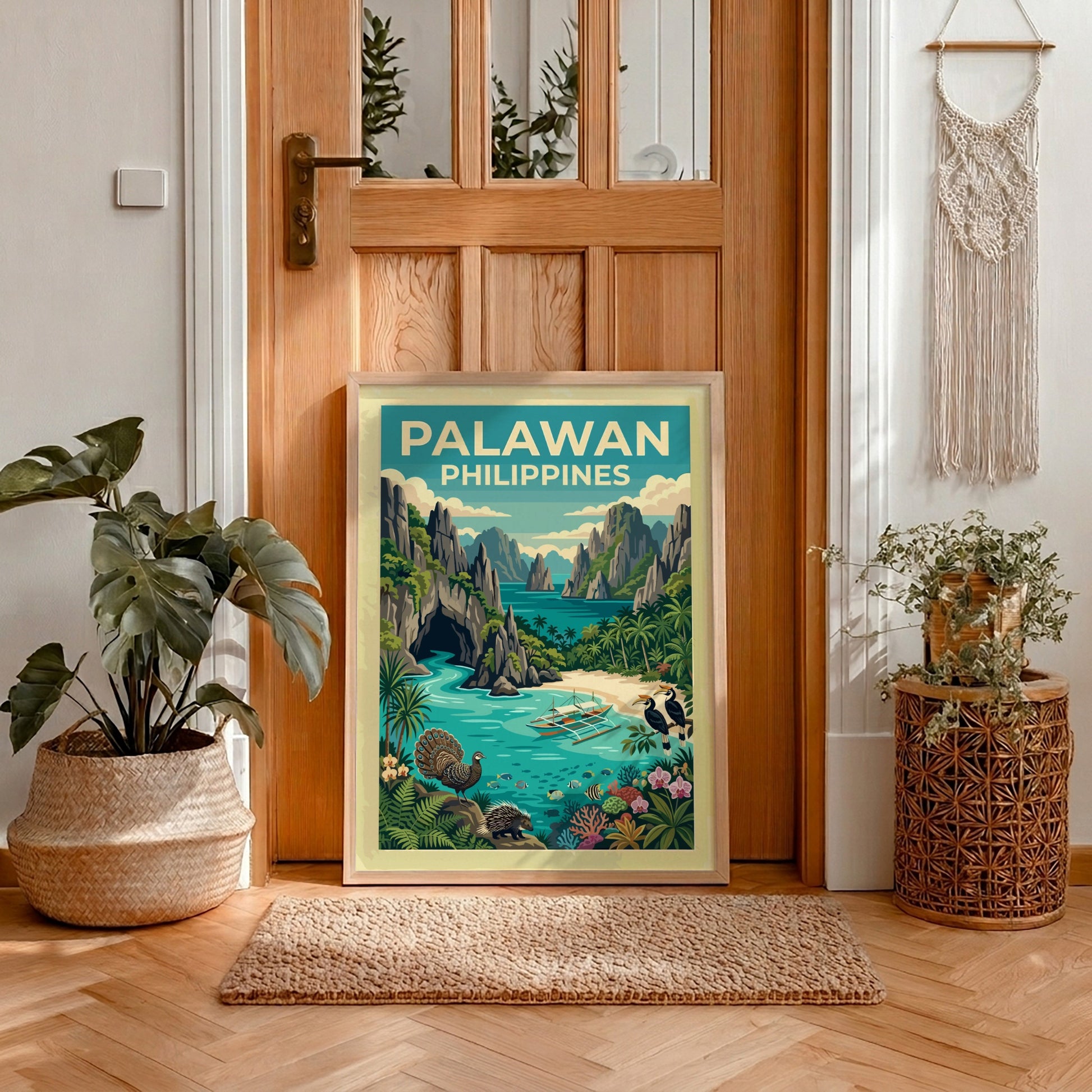 Vintage style Palawan Philippines travel poster featuring limestone cliffs, tropical foliage, and wildlife.