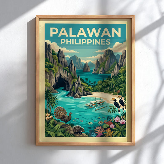 Vintage style Palawan Philippines travel poster featuring limestone cliffs, tropical foliage, and wildlife.