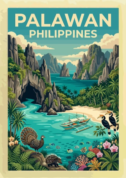 Vintage style Palawan Philippines travel poster featuring limestone cliffs, tropical foliage, and wildlife.
