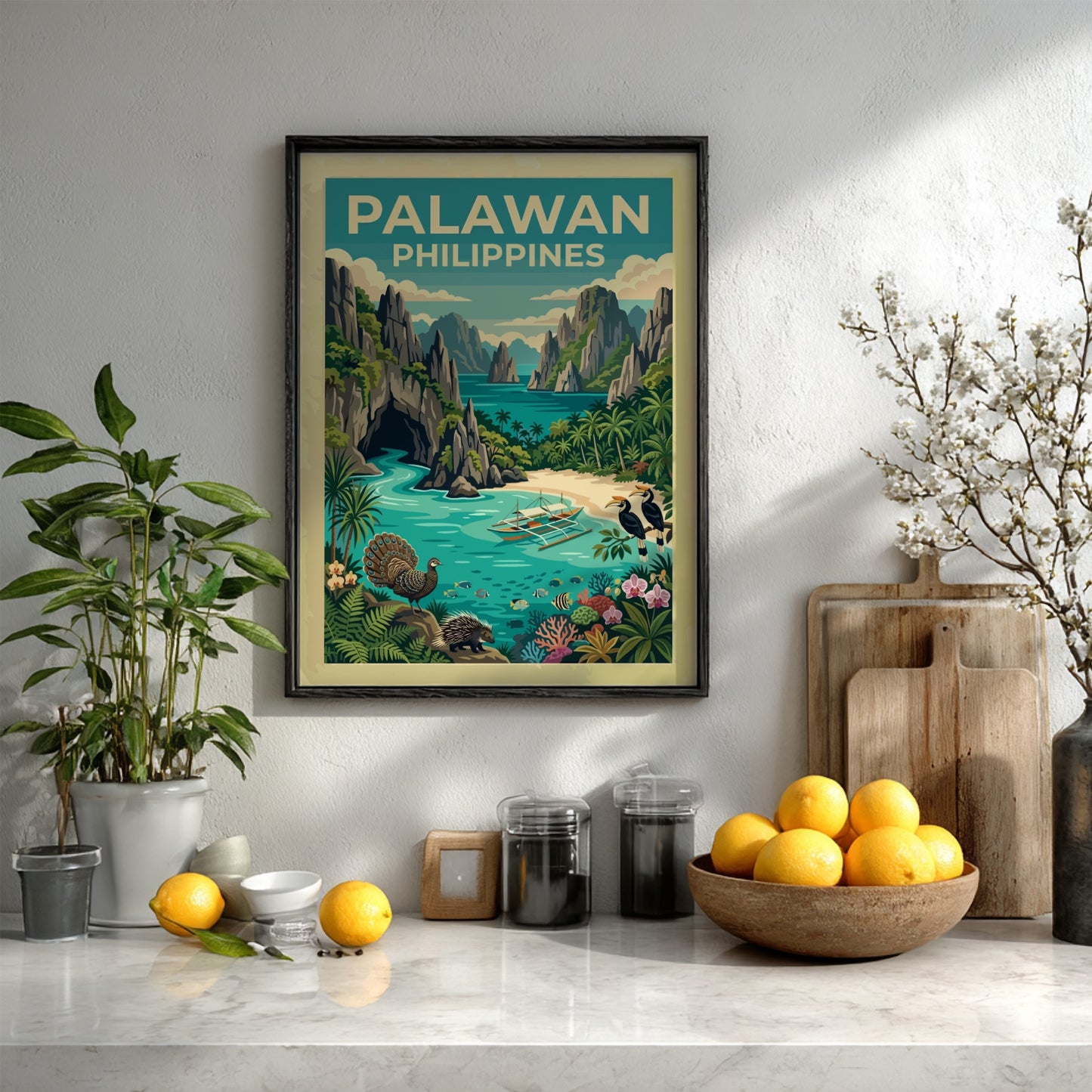 Vintage style Palawan Philippines travel poster featuring limestone cliffs, tropical foliage, and wildlife.