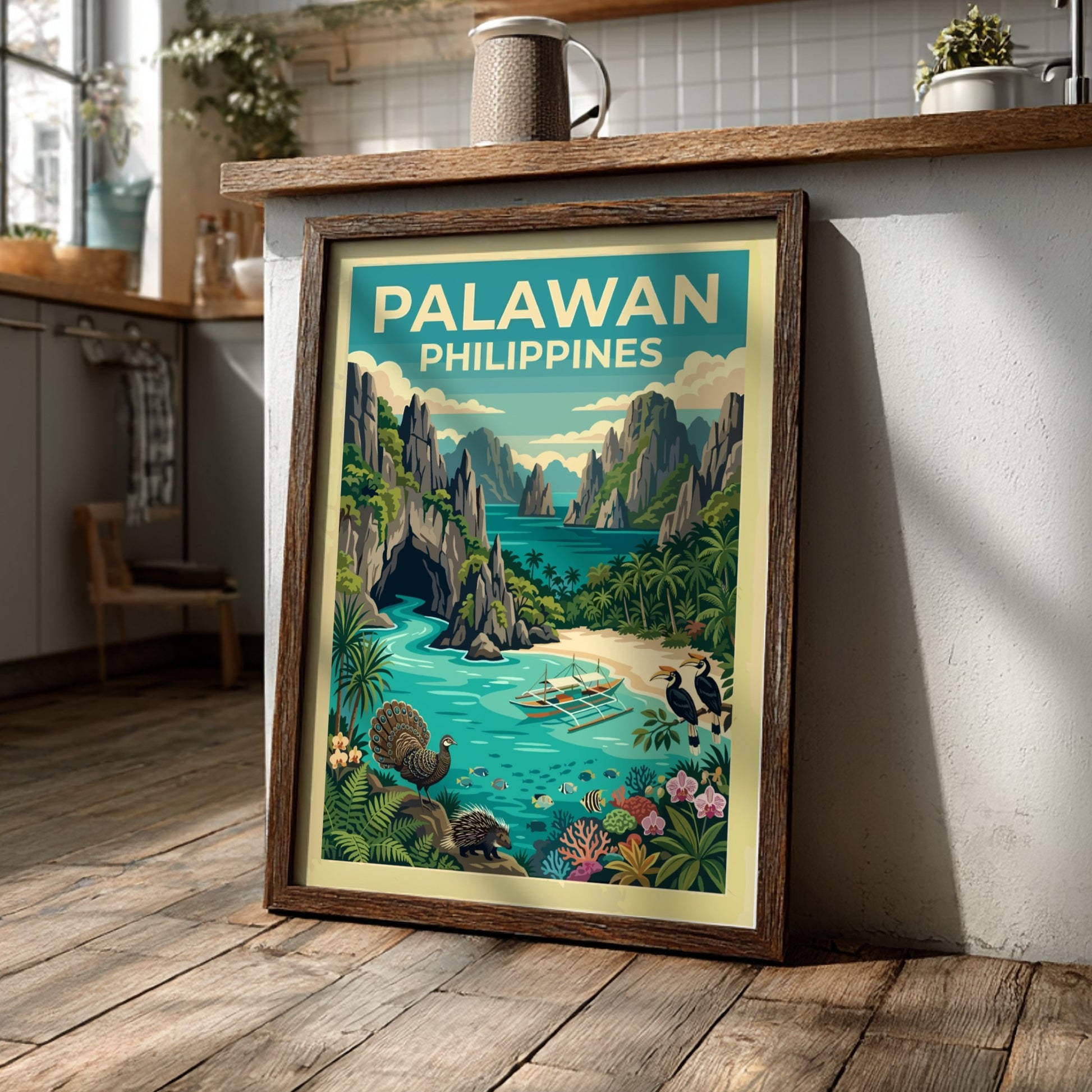 Vintage style Palawan Philippines travel poster featuring limestone cliffs, tropical foliage, and wildlife.