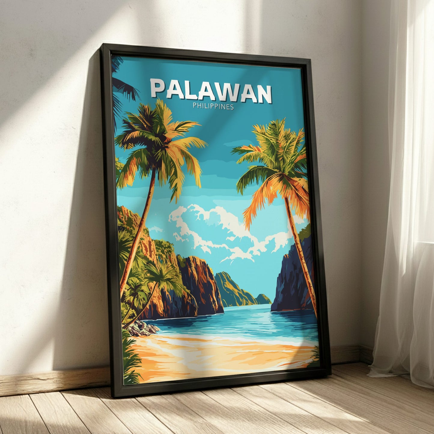 Framed poster of Palawan with palm trees and beach on a blue sky background.