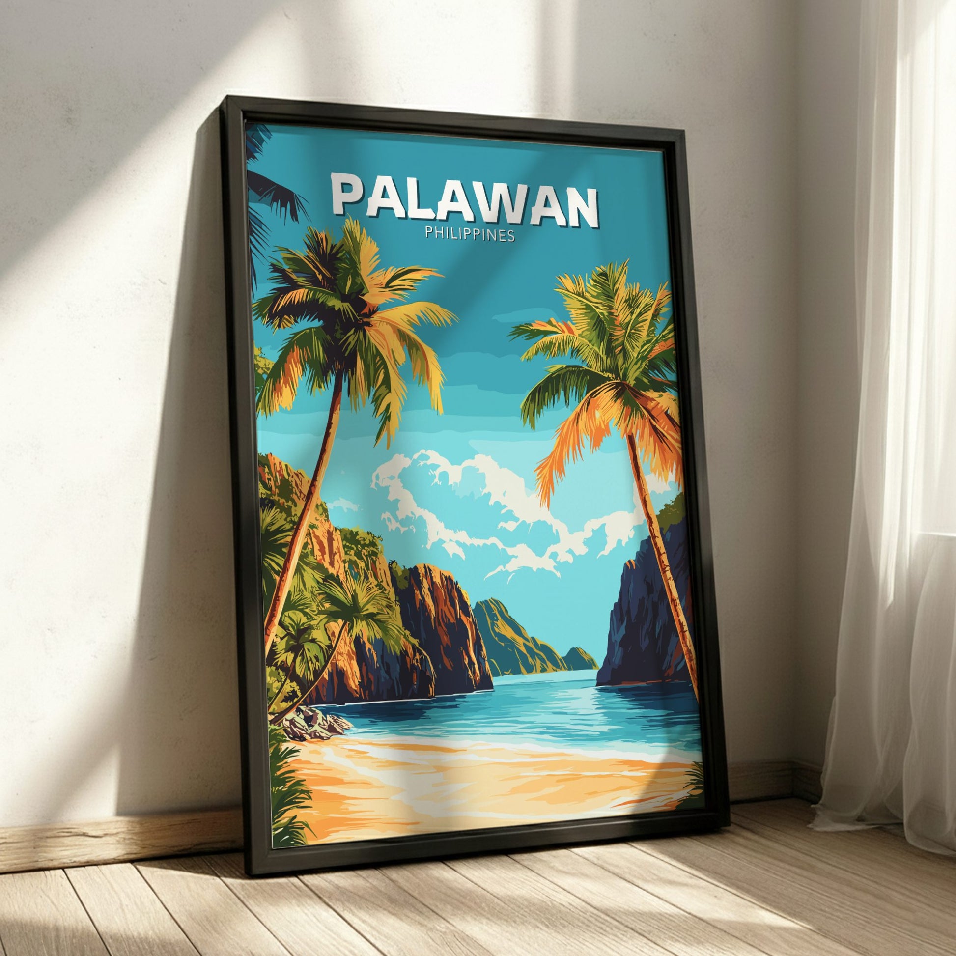 Framed poster of Palawan with palm trees and beach on a blue sky background.