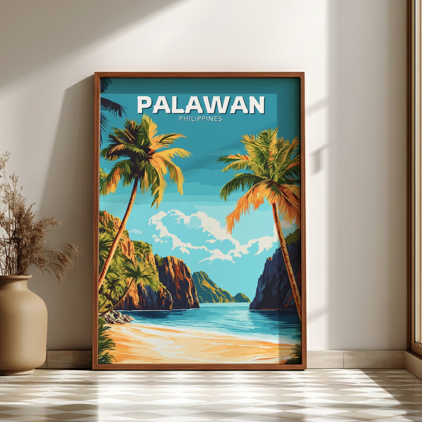 Framed artwork of Palawan, Philippines with palm trees and beach.