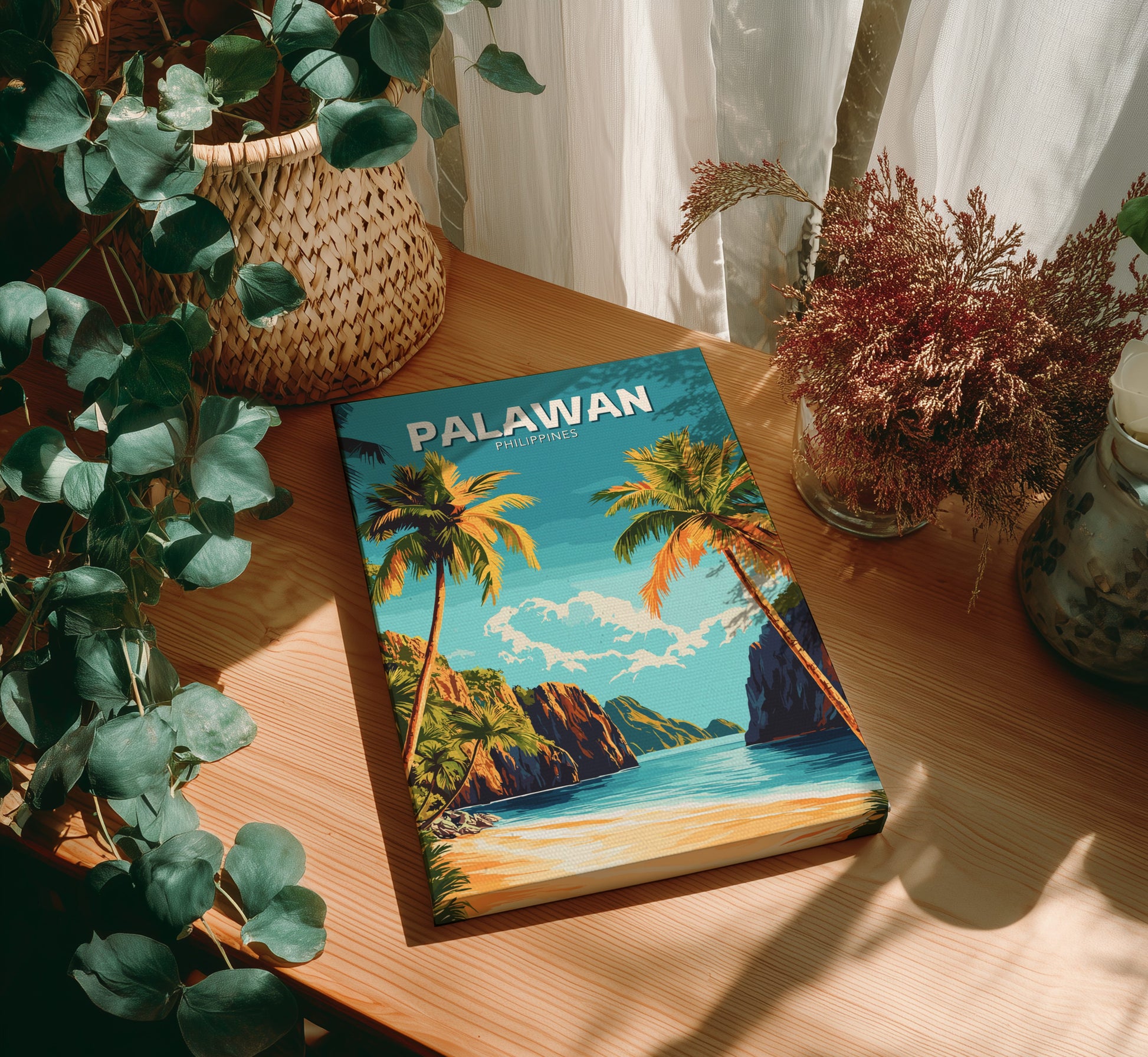 Book titled 'Palawan' with palm tree design on a wooden table with plants.