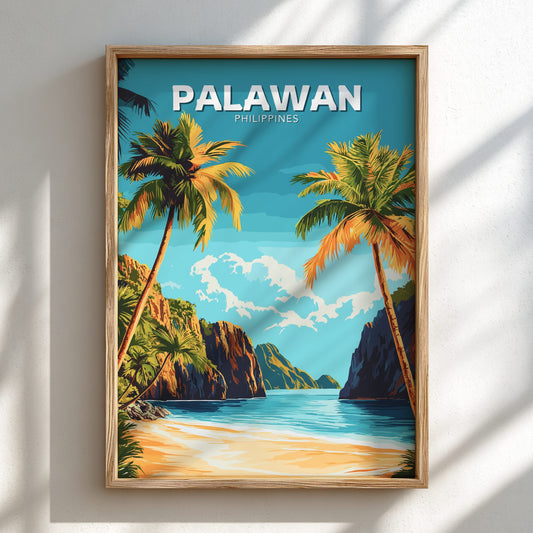 Framed artwork of Palawan, Philippines with palm trees and a beach.