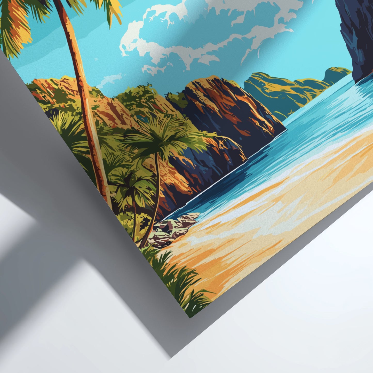 Colorful tropical beach scene with palm trees and mountains on a poster.