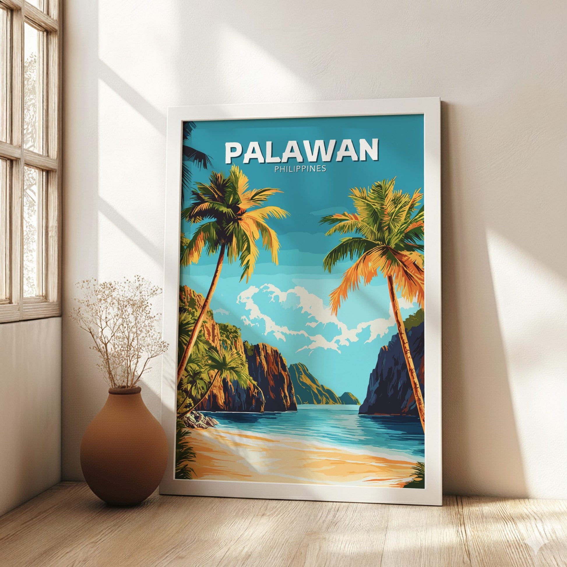 Framed artwork of Palawan, Philippines with palm trees and ocean view in a room with a vase.