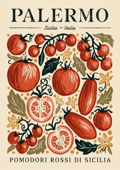 Kitchen poster featuring vibrant tomatoes in red and green, vintage style, Italian food theme