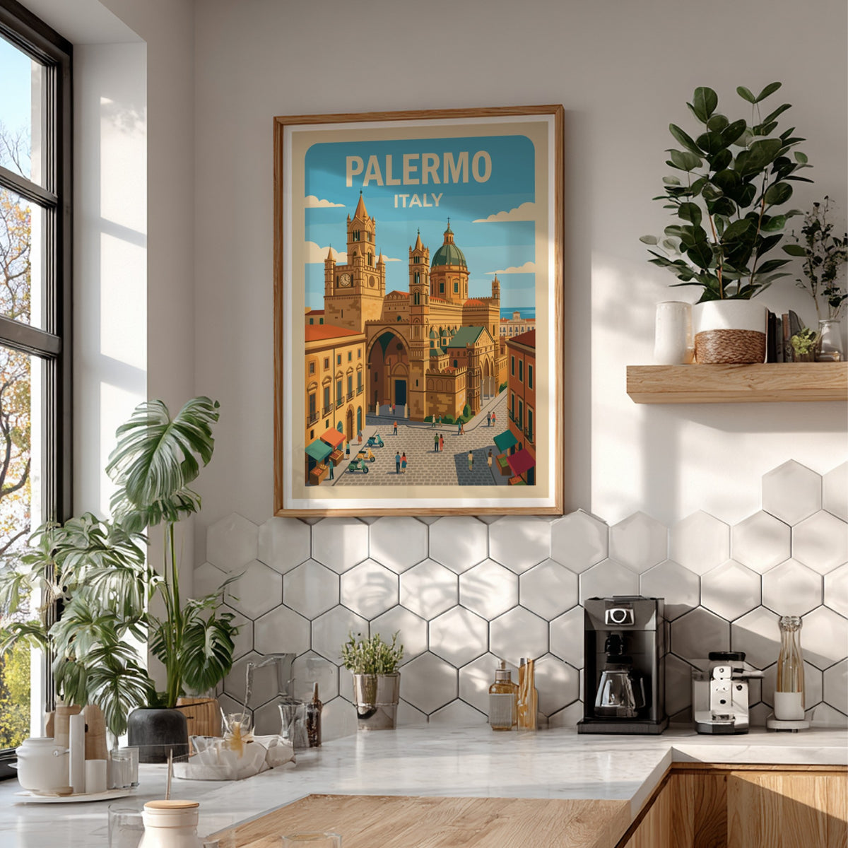 Poster showing the Palermo Italy cathedral with a blue sky and bustling streets.