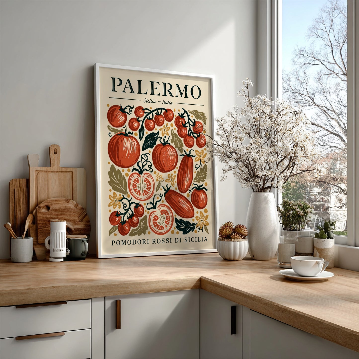 Kitchen poster featuring vibrant tomatoes in red and green, vintage style, Italian food theme
