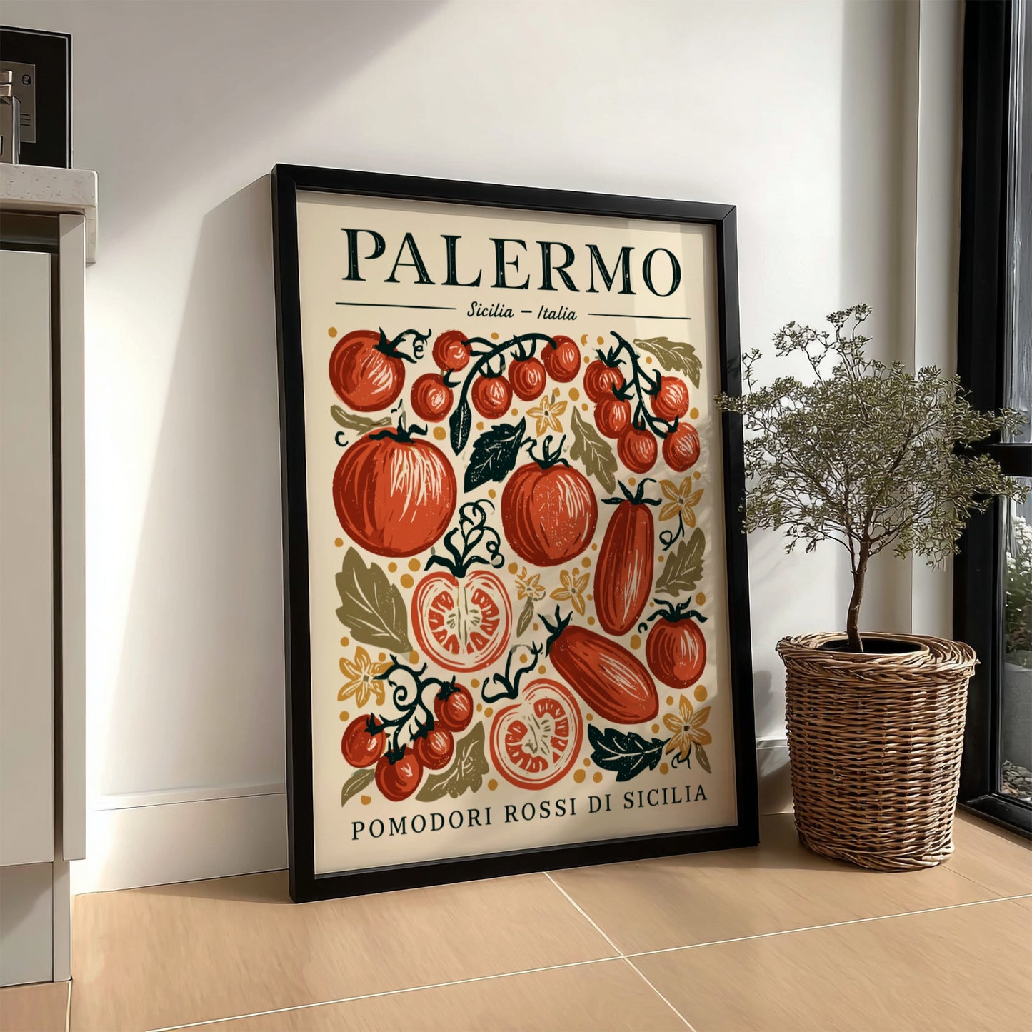 Kitchen poster featuring vibrant tomatoes in red and green, vintage style, Italian food theme