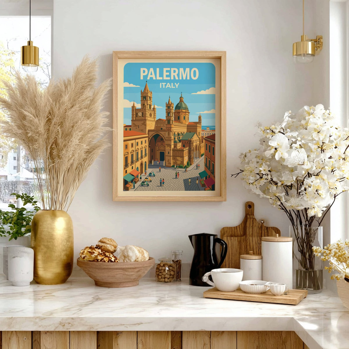 Poster showing the Palermo Italy cathedral with a blue sky and bustling streets.