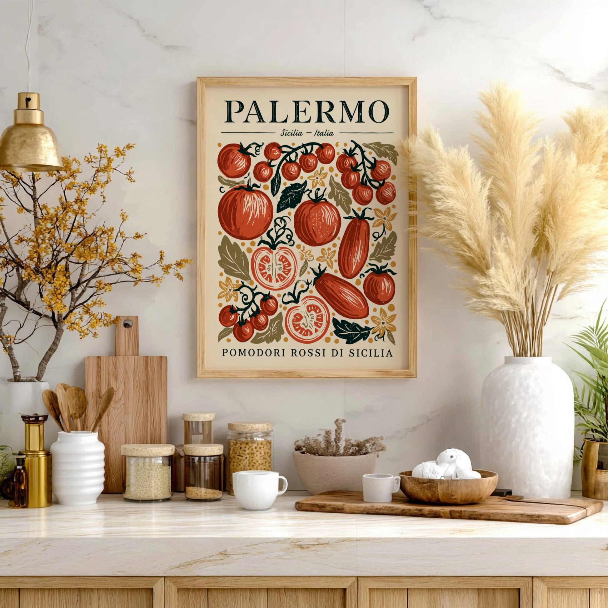 Kitchen poster featuring vibrant tomatoes in red and green, vintage style, Italian food theme