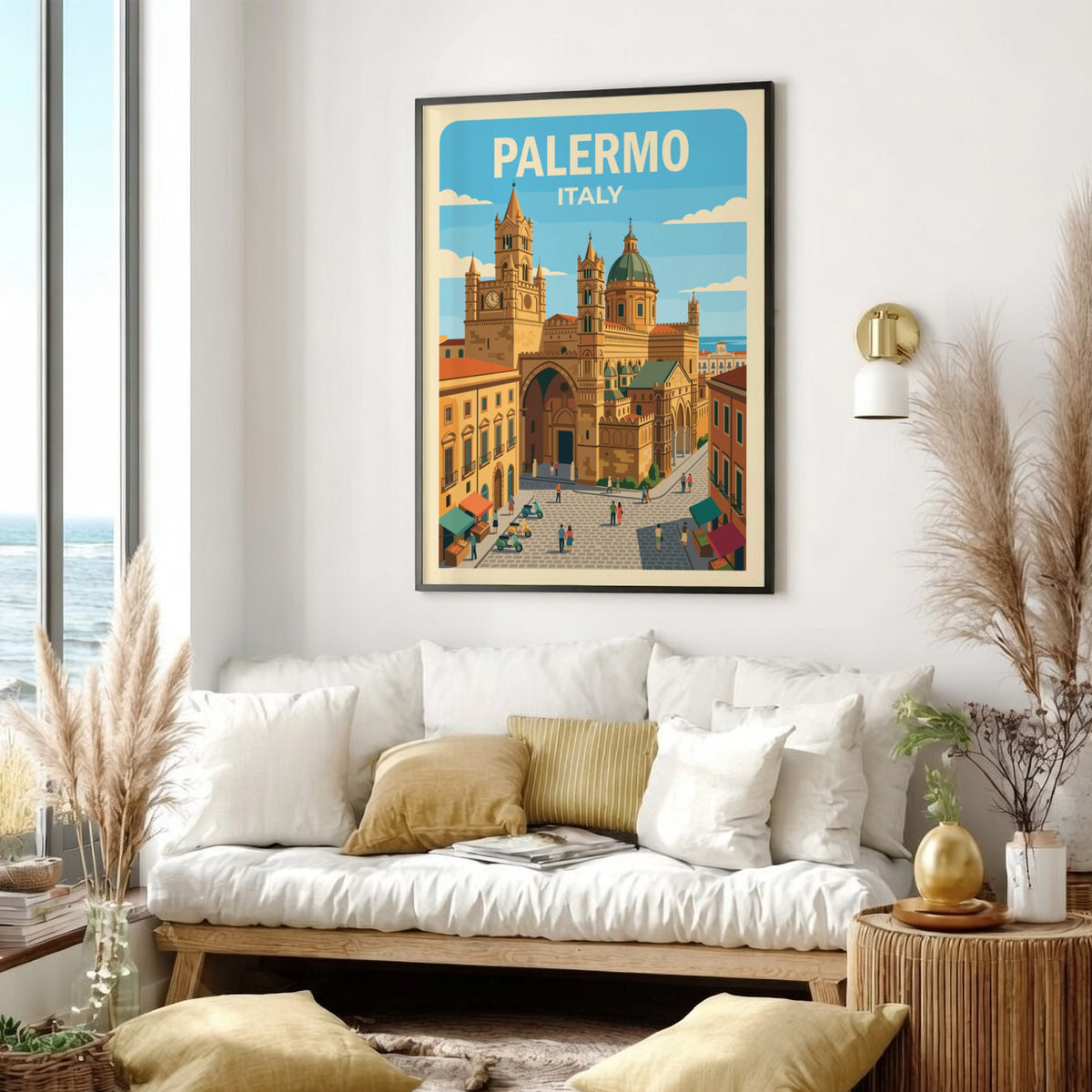 Poster showing the Palermo Italy cathedral with a blue sky and bustling streets.