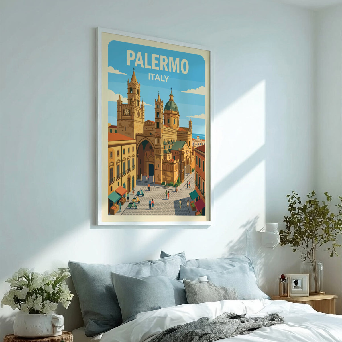 Poster showing the Palermo Italy cathedral with a blue sky and bustling streets.