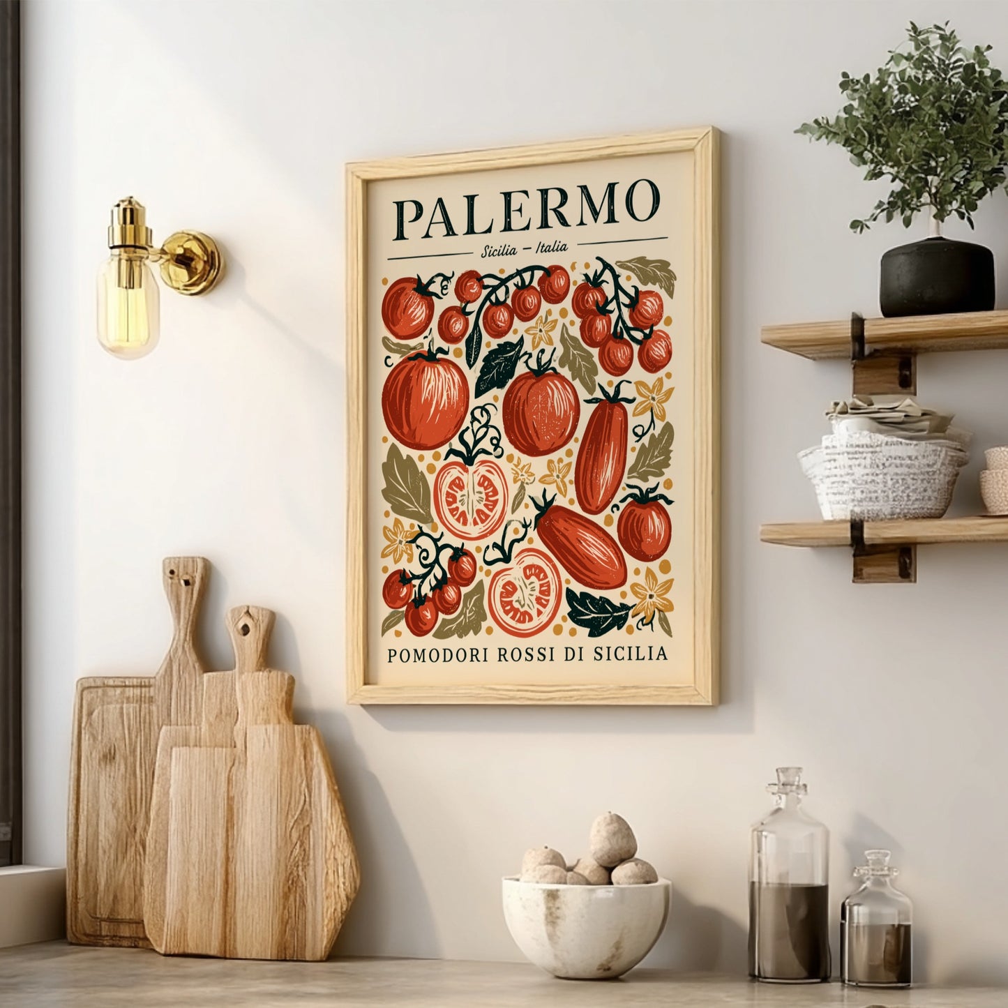 Kitchen poster featuring vibrant tomatoes in red and green, vintage style, Italian food theme