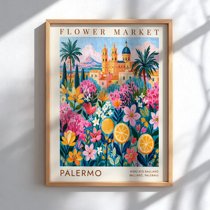 Flower market poster featuring vibrant blooms and cityscape in Palermo style
