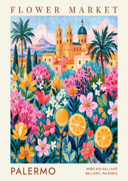 Flower market poster featuring vibrant blooms and cityscape in Palermo style