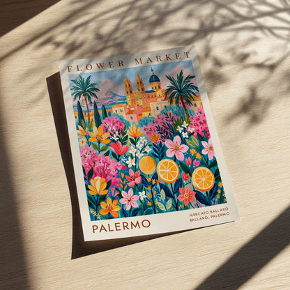 Flower market poster featuring vibrant blooms and cityscape in Palermo style