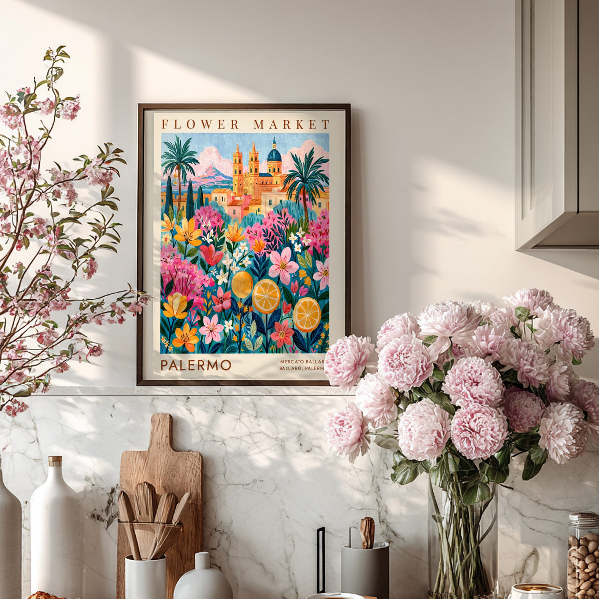 Flower market poster featuring vibrant blooms and cityscape in Palermo style