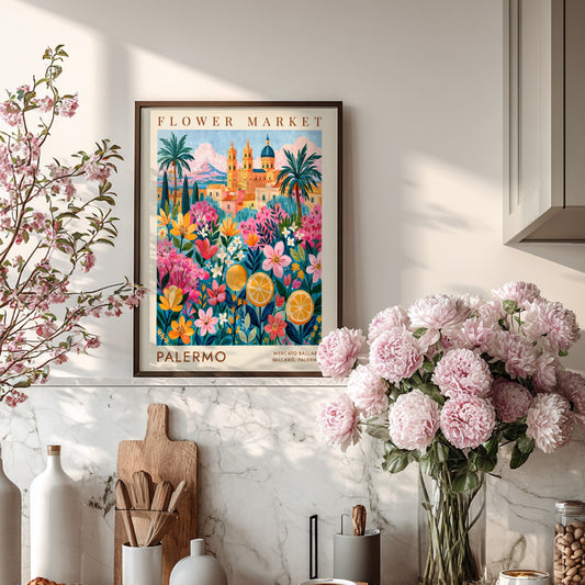 Flower market poster featuring vibrant blooms and cityscape in Palermo style