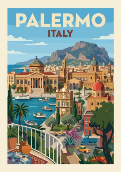 Vintage Palermo Italy travel poster featuring a cityscape with a harbor and mountains in a warm, inviting