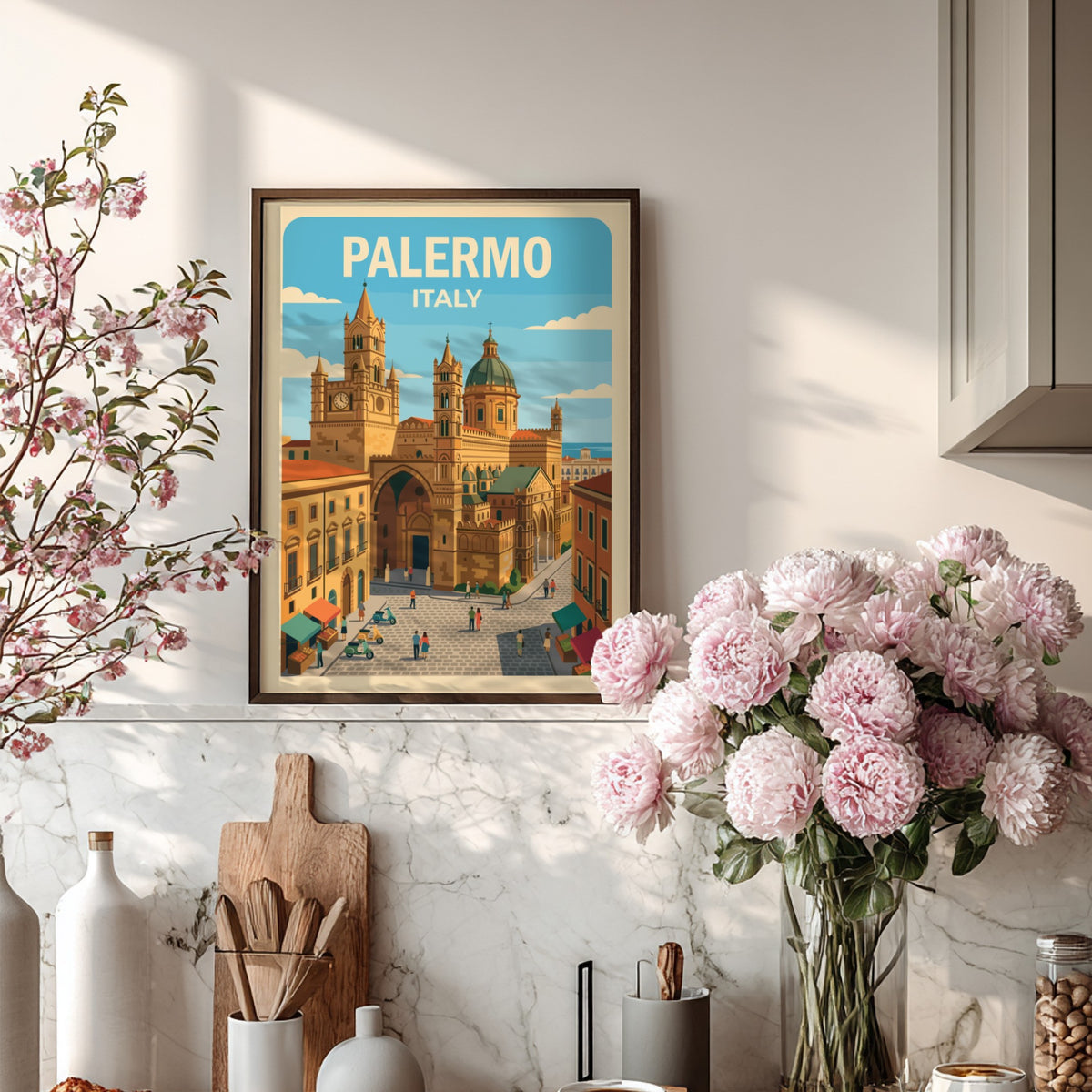 Poster showing the Palermo Italy cathedral with a blue sky and bustling streets.