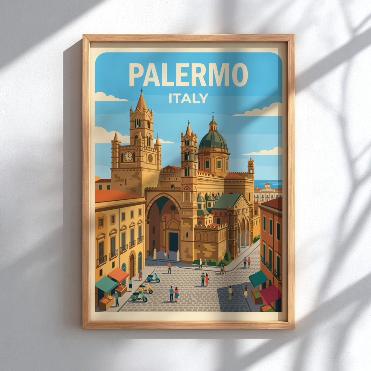 Poster showing the Palermo Italy cathedral with a blue sky and bustling streets.