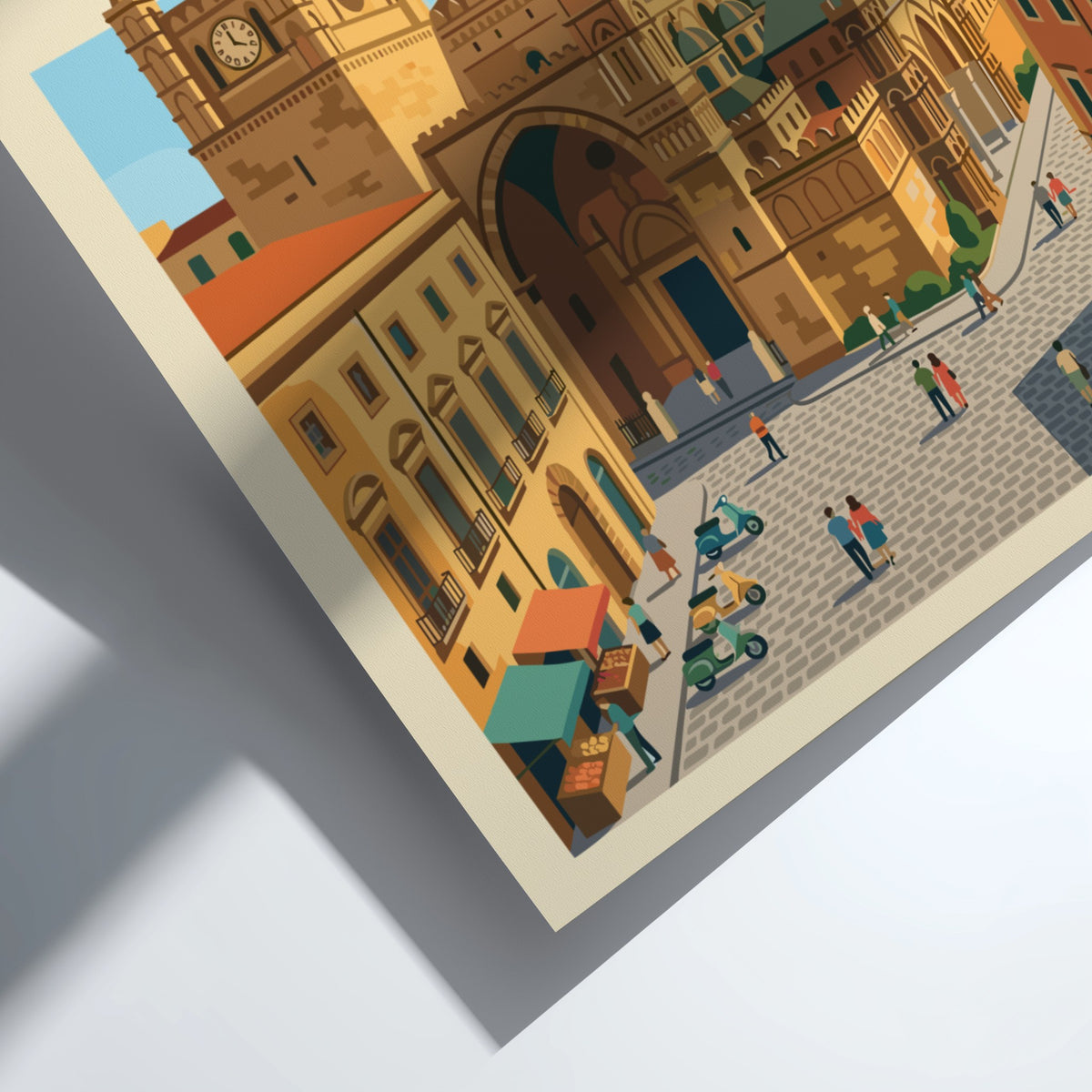 Poster showing the Palermo Italy cathedral with a blue sky and bustling streets.