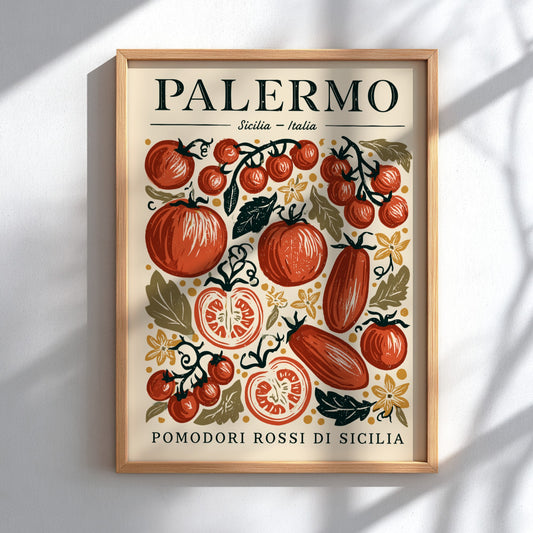 Kitchen poster featuring vibrant tomatoes in red and green, vintage style, Italian food theme