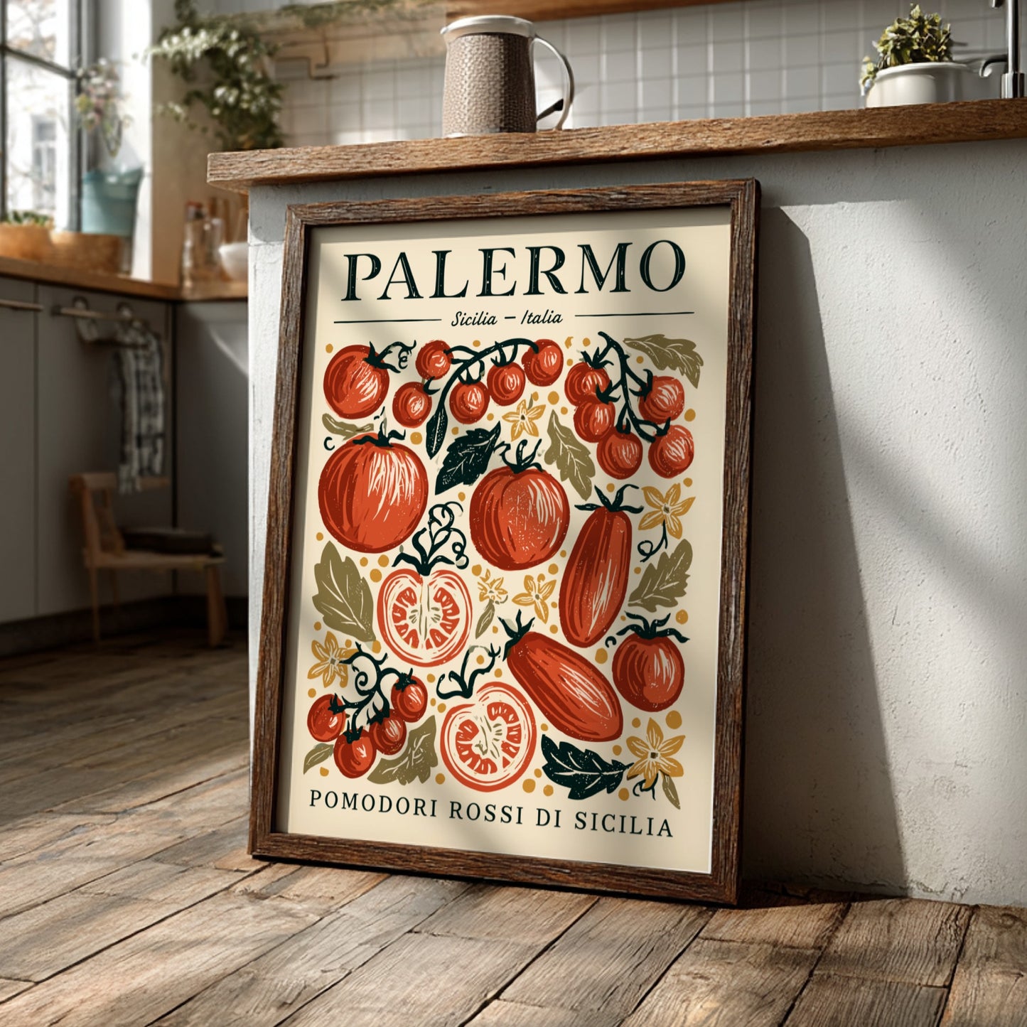Kitchen poster featuring vibrant tomatoes in red and green, vintage style, Italian food theme