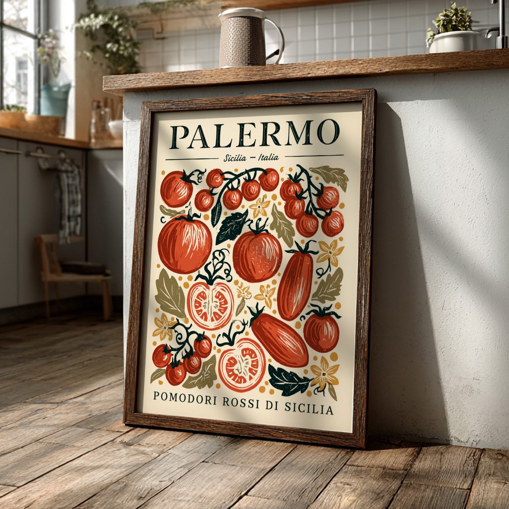 Kitchen poster featuring vibrant tomatoes in red and green, vintage style, Italian food theme