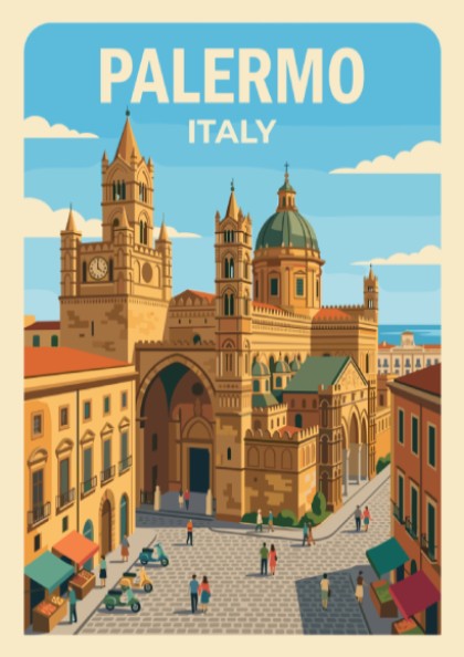 Poster showing the Palermo Italy cathedral with a blue sky and bustling streets.